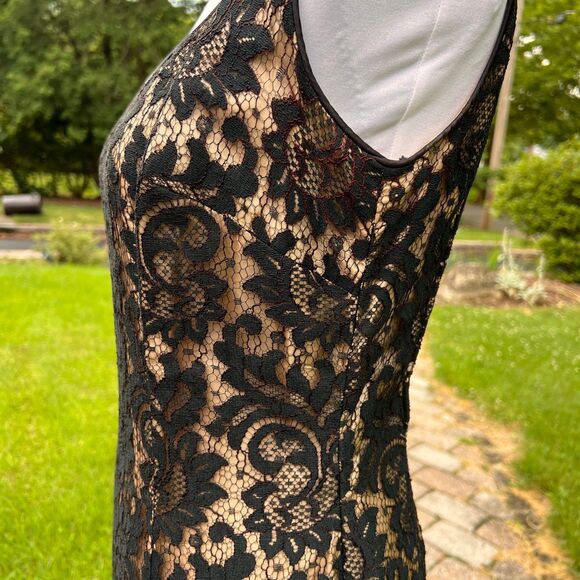 VTG S XS 60's Lee Jordan Long Black Lace illusion long gown wiggle ruffle hem - Picture 4 of 12